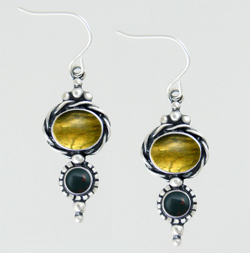 Sterling Silver Drop Dangle Earrings With Citrine And Bloodstone